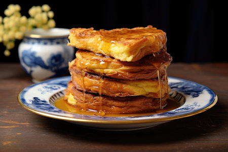 stack of golden french toast on plate, created with generative aiの素材