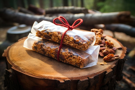 homemade granola bars packed for a hiking trip, created with generative aiの素材