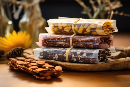 granola bars wrapped in eco-friendly beeswax wrap, created with generative aiの素材
