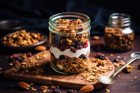 storing granola in a glass jar with a lid, created with generative aiの素材