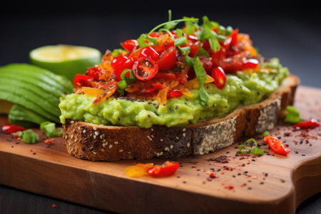 guacamole on toast with a sprinkle of red pepper flakes, created with generative aiの素材