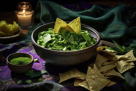tortilla chips surrounding a bowl of vibrant green guacamole, created with generative aiの素材