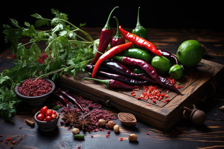 fresh chili peppers on a rustic board, created with generative aiの素材