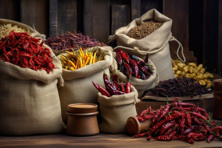 variety of dried chili peppers in rustic burlap sacks, created with generative aiの素材