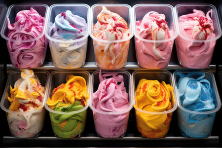 colorful ice cream scoops in a freezer display, created with generative aiの素材