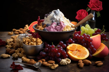 fresh fruit and nuts as ice cream ingredients, created with generative aiの素材