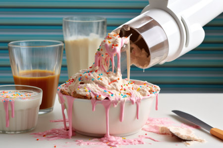 pouring ice cream mixture into ice cream maker, created with generative aiの素材