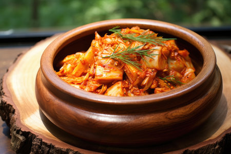 homemade kimchi in a wooden serving bowl, created with generative aiの素材