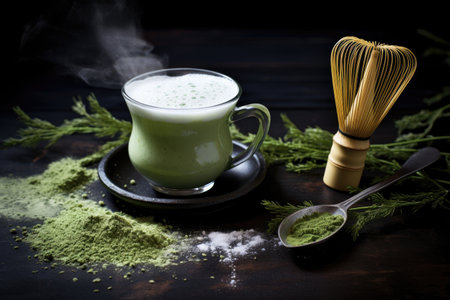 matcha latte with spilled powder and whisk nearby, created with generative aiの素材