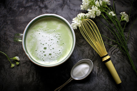 top view of matcha powder, whisk, and milk on table, created with generative aiの素材