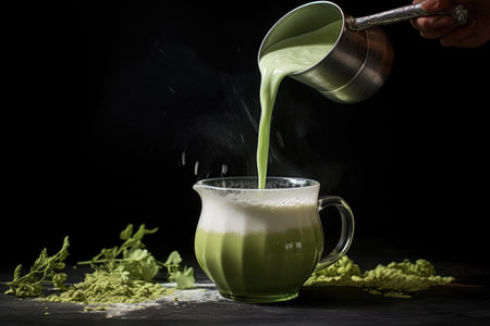 steamy milk being poured into matcha mixture, created with generative aiの素材