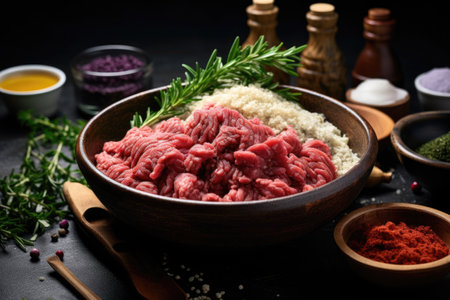 mixing ground meat and ingredients in bowl, created with generative aiの素材