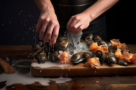 mussels being cleaned and debearded on a board, created with generative aiの素材