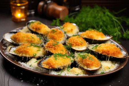 baked mussels with cheese and breadcrumbs, created with generative aiの素材