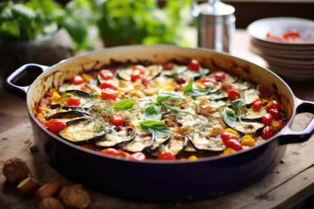 oven-baked ratatouille with bubbly, golden cheese on top, created with generative aiの素材