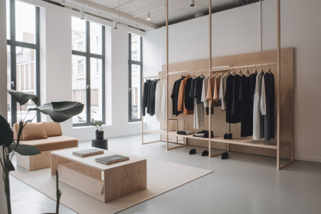 modern and minimalist store with ethical fashion brands in the background, created with generative aiの素材