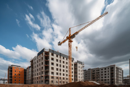 construction site with crane, lifting heavy load in the air, created with generative aiの素材