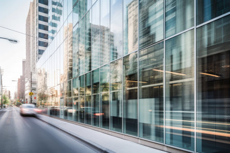 glass facade with blur of motion and activity, featuring modern offices or retail space, created with generative aiの素材