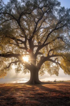 majestic oak tree with sunrays filtering through branches, created with generative aiの素材