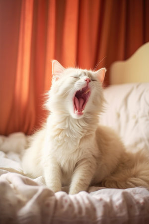 cat stretching and yawning after a nap, created with generative aiの素材