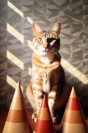 cats shadow perfectly aligned with a geometric pattern, created with generative aiの素材