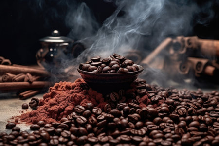 pile of roasted coffee beans with smoke, created with generative aiの素材