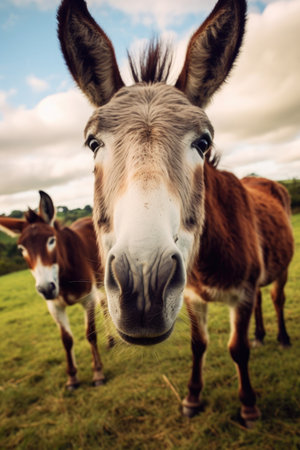 close-up of a donkeys curious face, created with generative aiの素材