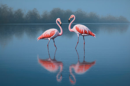 pair of elegant flamingos wading in shallow water, created with generative aiの素材