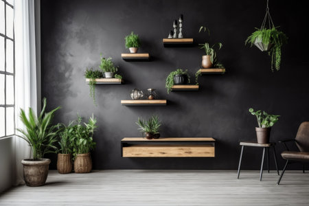 minimalist room with floating shelves and plants, created with generative aiの素材
