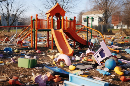 torn playground equipment with scattered toys, created with generative aiの素材