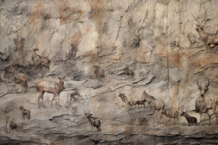 weathered rock surface with faded animal drawings, created with generative aiの素材