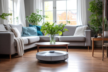 robot vacuum cleaning hardwood floor in modern living room, created with generative aiの素材