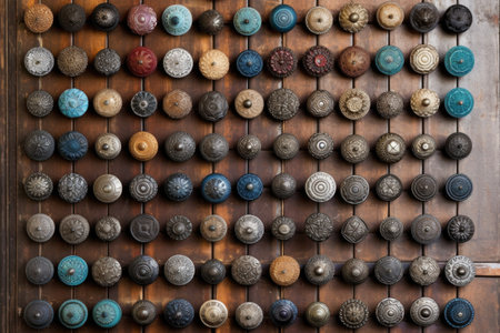antique door knobs arranged in a grid, showcasing diversity, created with generative aiの素材