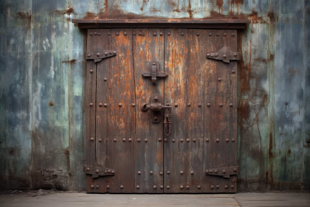rustic iron door on weathered wooden surface, created with generative aiの素材