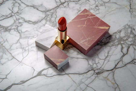 lipstick and compact powder on marble surface, created with generative aiの素材