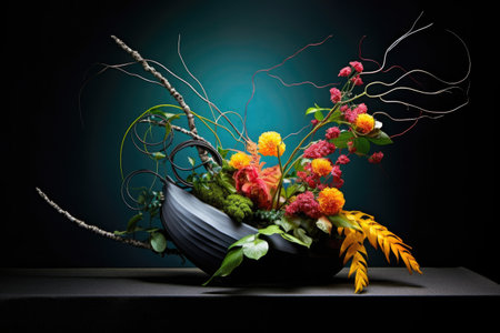 dramatic ikebana composition with bold colors and shapes, created with generative aiの素材