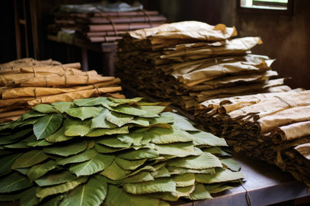 a collection of tobacco leaves ready for cigar rolling, created with generative aiの素材