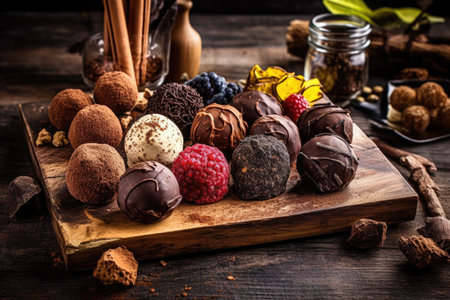 handcrafted chocolate truffles on rustic wooden board, created with generative aiの素材