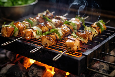 chicken skewers on a smoky charcoal grill, created with generative aiの素材