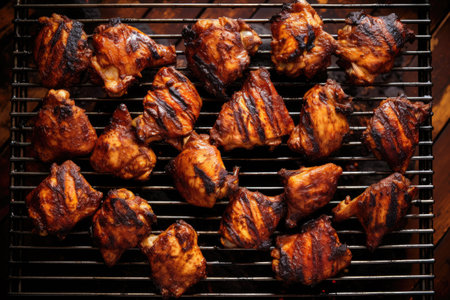 top view of bbq chicken wings grilling, created with generative aiの素材