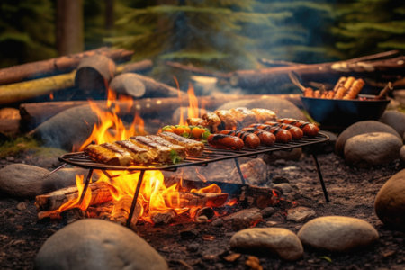 bbq sausages grilling on outdoor campfire, created with generative aiの素材