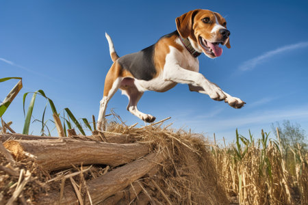 beagle in action, jumping over obstacle on scent trail, created with generative aiの素材