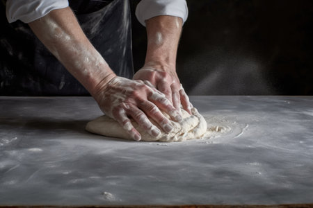 biscuit dough being kneaded by hand on a floured surface, created with generative aiの素材