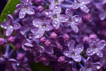 close-up of lilac flowers with dew drops, created with generative aiの素材