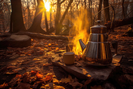 morning sunlight shining on a campfire coffee brew, created with generative aiの素材