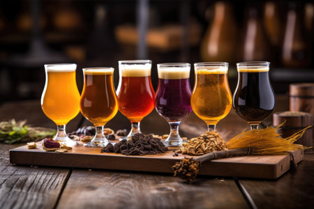 beer flight sampler with various craft brews, created with generative aiの素材