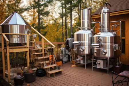 brewing kettle and fermenters in outdoor setting, created with generative aiの素材