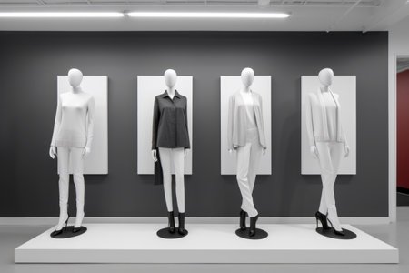 minimalist mannequin display with monochromatic outfits, created with generative aiの素材