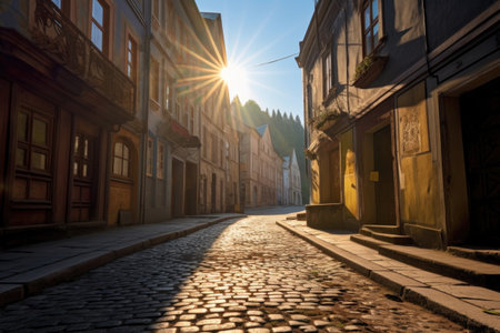 sunrays peeking through buildings onto cobblestone street, created with generative aiの素材