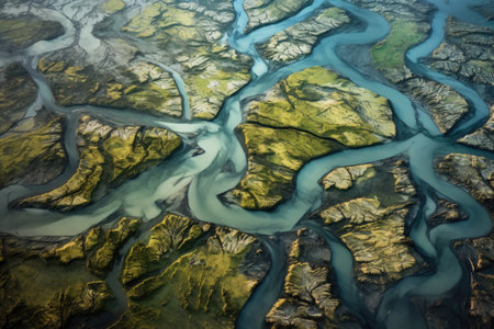 aerial view of a meandering river delta, created with generative aiの素材